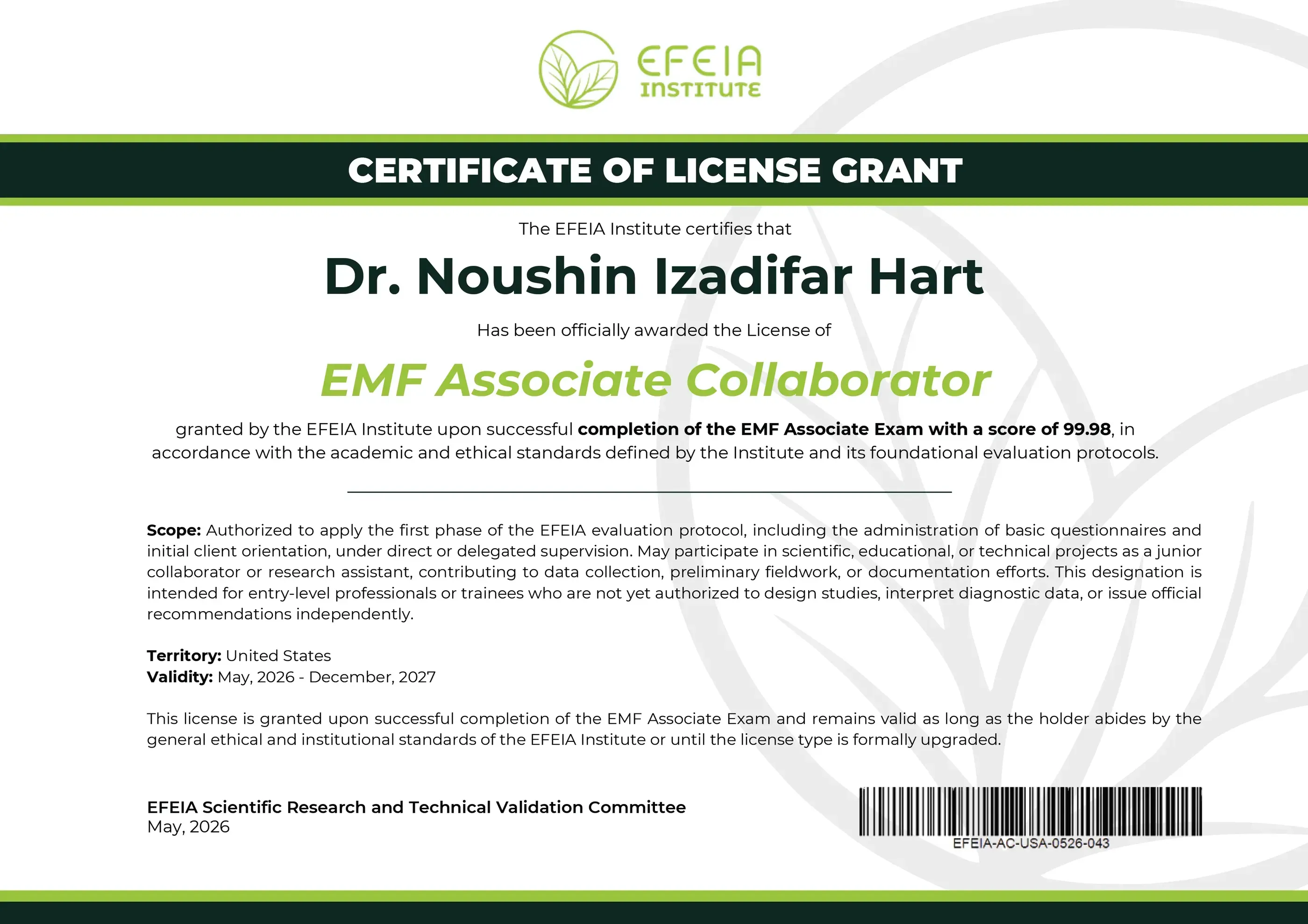 Dr. Noushin | Level 1 Licensed EMF Associate Collaborator.
